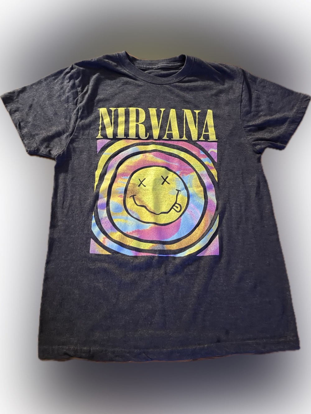 Nirvana Logo T-Shirt Heather Gray Graphic Print Smiley Face Logo, Women Medium